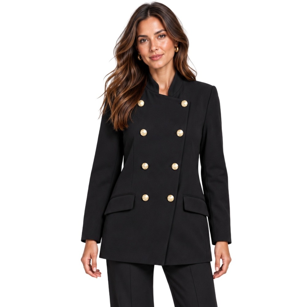 Emanuel Ungaro Blazer 8/42 Black Ribbed Double Breasted Gold Crest Button Jacket